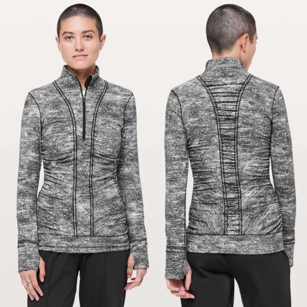 Lululemon Cypress Kiss 1/2 Zip Rush Jacquard Black White Run Yoga Thumbholes 4